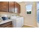 Well-lit laundry room features a new washer and dryer with plenty of storage space in wood cabinets at 1131 Olivine Ave, Dundee, FL 33838