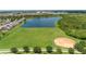 Aerial view of a community park and recreational field near a lake, providing ample green space for outdoor activities at 214 Farrington Ln, Kissimmee, FL 34744