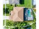 Aerial view of a backyard featuring a screened-in pool with patio area and privacy landscaping at 214 Farrington Ln, Kissimmee, FL 34744