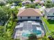 Aerial view of a backyard featuring a screened-in pool with patio area and privacy landscaping at 214 Farrington Ln, Kissimmee, FL 34744