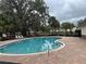 Community pool area with lounge chairs, mature shade trees and safety features at 2894 Tanzanite Ter, Kissimmee, FL 34758