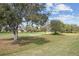 Backyard view of the lush green golf course, mature trees, and blue skies offering a serene backdrop at 538 Via Vitale Ct, Kissimmee, FL 34759