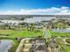 Aerial view of a residential community with a pond and power lines at 6441 Point Hancock Dr, Winter Garden, FL 34787