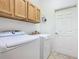 Functional laundry room featuring a washer, dryer, overhead cabinets, and a convenient access door at 100 Ventana Dr, Kissimmee, FL 34759