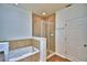 Bathroom featuring tiled tub and shower, white door and wood-look flooring at 1111 Oscar Sq, Celebration, FL 34747