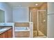 Clean bathroom featuring a tiled tub and a glass-enclosed shower, plus a large mirror at 1111 Oscar Sq, Celebration, FL 34747
