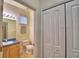 Half bathroom featuring a vanity with a blue countertop and a toilet at 500 Monroe Cir, Davenport, FL 33896