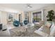 Spacious living area with comfortable seating, an area rug, and access to the outdoor screened-in pool at 5512 Solterra Cir, Davenport, FL 33837