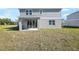 Backyard view of the home, highlighting the covered patio area, windows and grassy lawn at 570 Summit River Dr, Apopka, FL 32712