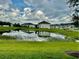 Community pond surrounded by green grass; multiple townhomes are visible in the background at 1613 Pelican Dr, Davenport, FL 33896