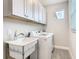 Laundry room with white washer and dryer, upper cabinets, and utility sink at 806 Via Como St, Poinciana, FL 34759