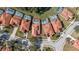 Aerial view of a home with red tile roof, screened pool, and manicured landscaping in a residential community at 113 Tiger Lily Ct, Davenport, FL 33837
