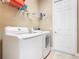 Functional laundry room with white washer, dryer, shelving, and white door at 400 Indian Wells Ave, Poinciana, FL 34759