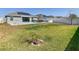 Lush backyard with a sparkling pool, dining area, and solar panels on the roof for energy efficiency at 649 Meadow Pointe Dr, Haines City, FL 33844