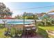 Backyard view of above ground pool with ladder and bar with stools at 1205 Wisconsin Ave, St Cloud, FL 34769