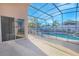 The screened-in patio overlooks the pool and patio with a dining set creating a perfect outdoor living space at 153 Cambridge Ave, Davenport, FL 33896