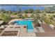 Magnificent aerial view of a pool area surrounded by palm trees, set against a backdrop of a tranquil lake at 16694 Olive Hill Dr, Winter Garden, FL 34787