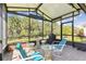 Screened-in lanai featuring a brick floor, multiple seating areas, and a relaxing atmosphere at 309 Vestrella Dr, Poinciana, FL 34759