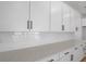 Elegant kitchen highlighting white cabinets, sleek black hardware, and pristine quartz countertops at 3725 Deer Ridge Dr, Mount Dora, FL 32757