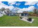 Inviting backyard with an outdoor seating area and fire pit next to the blue house and its cheery yellow door at 4217 Park Lake St, Orlando, FL 32803