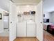 Convenient laundry room with a washer, dryer, and shelving for storage at 734 Olympic Cir # 30, Ocoee, FL 34761