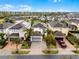 An aerial view of homes with manicured lawns, tree lined streets, and solar panels in a desirable neighborhood at 301 Pendant Ct, Kissimmee, FL 34747