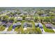 Aerial view of a residential neighborhood featuring well-kept homes with green lawns and mature trees at 410 Lark Ct, Kissimmee, FL 34759