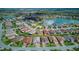 Overhead view of a residential neighborhood near a lake, showcasing community layout at 461 Treviso Dr, Poinciana, FL 34759