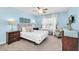 Well lit bedroom with blue walls, a fan, and white bedding and curtains at 8462 Secret Key Cv, Kissimmee, FL 34747