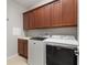 Well-organized laundry room with washer, dryer, countertop, sink, and wooden cabinets for efficient home tasks at 1264 Bonita Canyon Dr, Kissimmee, FL 34759