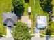 An aerial view of homes with mature trees and a shed in the backyard at 1418 Delaware Ave, St Cloud, FL 34769