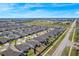 This aerial view features new construction homes with sidewalks and landscaping, with a field and road nearby at 485 Disa Dr, Davenport, FL 33837