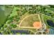 Aerial view of baseball field, lake, golf course, parking lot, and surrounding trees at 555 Presido Park Pl, Kissimmee, FL 34759