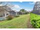 Expansive backyard features green grass and landscaping, with a view of screened patios and pools at 8122 Yellow Crane Dr, Kissimmee, FL 34747