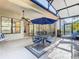 Screened patio featuring ceiling fans, seating, a table with an umbrella, and a view of the backyard at 133 Indian Wells Ave, Kissimmee, FL 34759