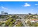 An aerial view of a city skyline, highlighting a tree-lined street, buildings, and the surrounding landscape at 400 E Colonial Dr # 1504, Orlando, FL 32803