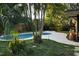 Backyard pool surrounded by lush landscaping and a paved patio, perfect for relaxation and entertaining at 5019 Saint Germain Ave, Orlando, FL 32812