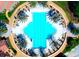 Aerial view of a large, uniquely shaped community pool surrounded by palm trees and lounge chairs at 153 Ventana Dr, Poinciana, FL 34759