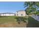 A spacious backyard with a large grassy area, a two-story home extension, and a privacy fence at 49 Inconnu Dr, Poinciana, FL 34759