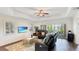 Comfortable living room with ceiling fan, plantation shutters, and sliding door access to the lanai at 7602 Cabana Ct # 101, Reunion, FL 34747