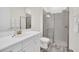 Modern bathroom featuring white cabinetry, glass enclosed shower, and a sleek vanity at 8029 Sandy Toes Way, Kissimmee, FL 34747