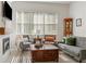 Bright living room with stylish seating, a fireplace, and a large window with vertical blinds at 993 Everest, Clermont, FL 34711