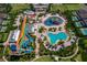 Aerial shot showcases the community waterpark with slides, pools, and lounge areas at 1359 Greenfield Loop, Kissimmee, FL 34747