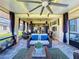 Inviting lanai features comfortable seating, ambient lighting, and a relaxing view of the well-maintained backyard at 3240 Songbird Cir, Harmony, FL 34773