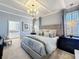 Staged main bedroom featuring gray walls, decorative ceilings, pendant lights, and a gray upholstered king bed at 3240 Songbird Cir, Harmony, FL 34773