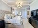 Spacious main bedroom with a gray upholstered king bed and a TV stand at 3240 Songbird Cir, Harmony, FL 34773