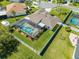 Aerial view of home's private screened-in pool, lush landscaping, and backyard at 3303 Ann Arbor Ct, St Cloud, FL 34772