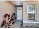 Inviting front entrance with decorative plants, glass sidelight window, and attractive stone accents at 139 Columbia Dr, Poinciana, FL 34759