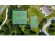 Aerial shot of the community tennis and basketball courts surrounded by mature trees and landscaping at 2981 Winding Trl, Kissimmee, FL 34746