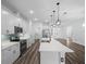 Bright kitchen features white cabinetry, a large center island, stainless steel appliances, and modern lighting fixtures at 509 Lakeview Dr, Poinciana, FL 34759
